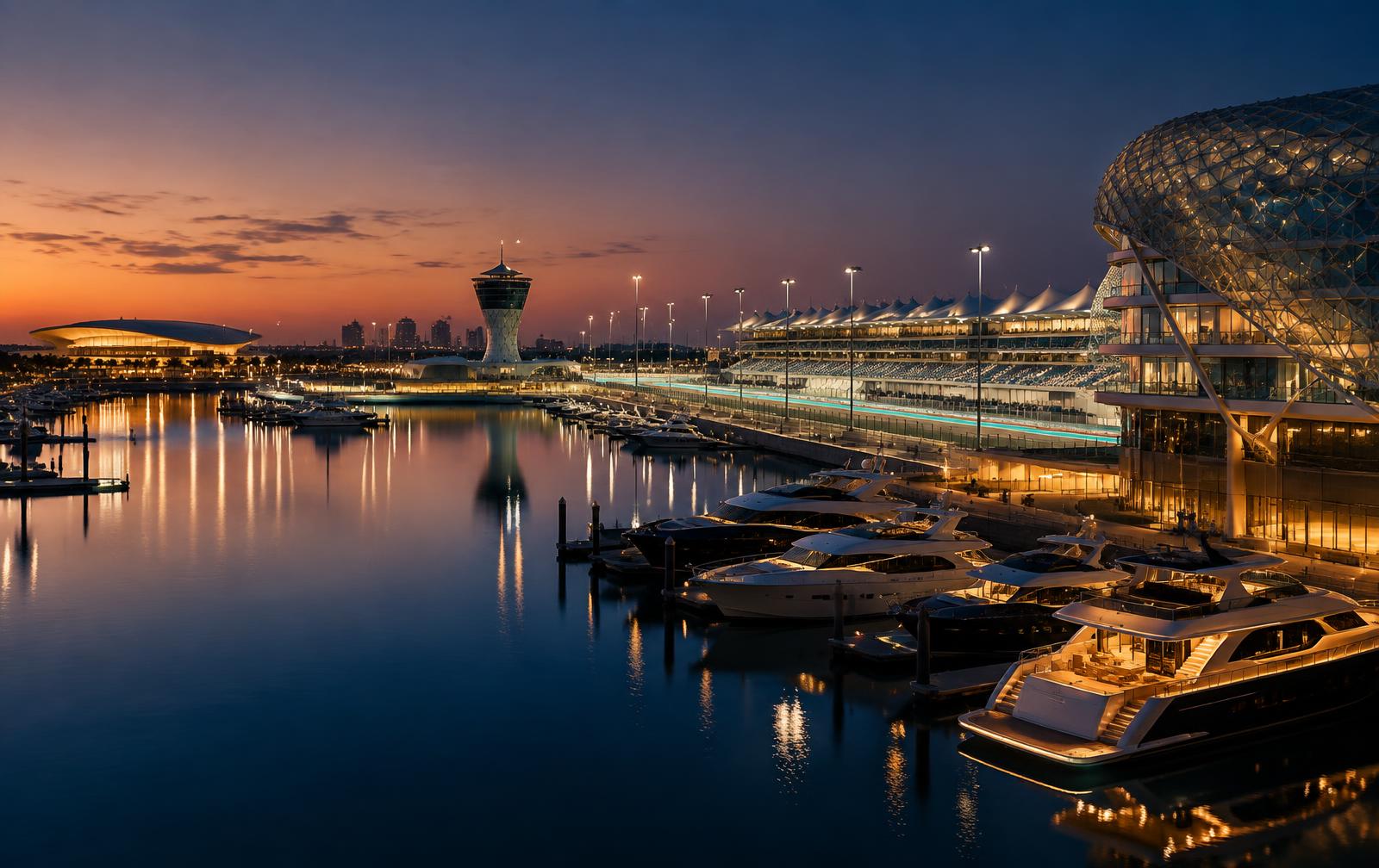 Yas Marina-inspired waterfront at dusk
